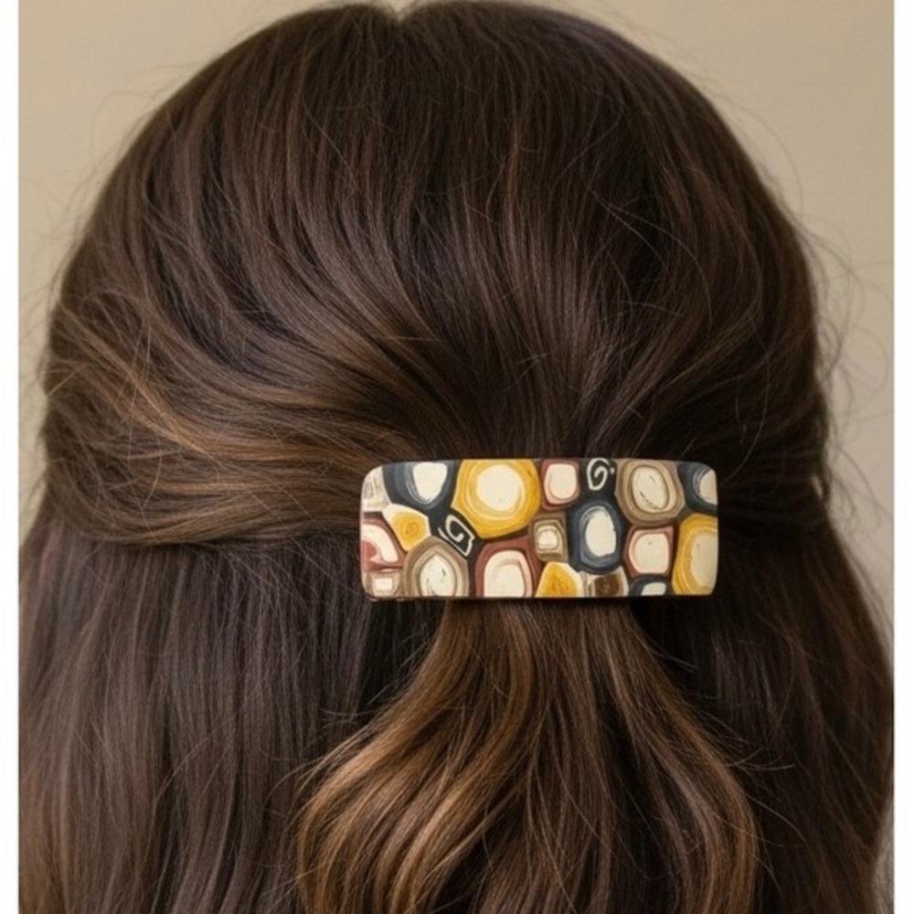 Abstract Polymer Clay Earth Tone Millefiori Boho Cottagecore‎ Hair Clip Barrette